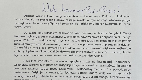 Prezydent Krakowa Jacek Majchrowski przesłał podziękowania za współpracę 